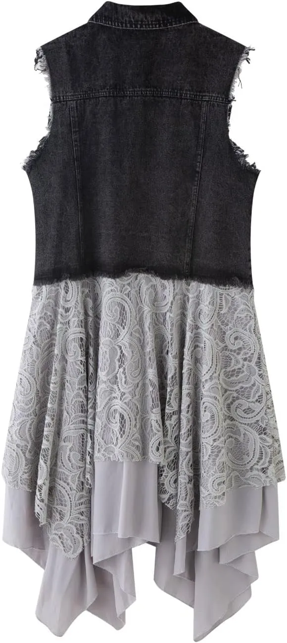 FindThy Women’s Denim Vest Sleeveless Ripped Draped Patchwork Cardigan Jean Vest with Irregular Lace Extender Hem