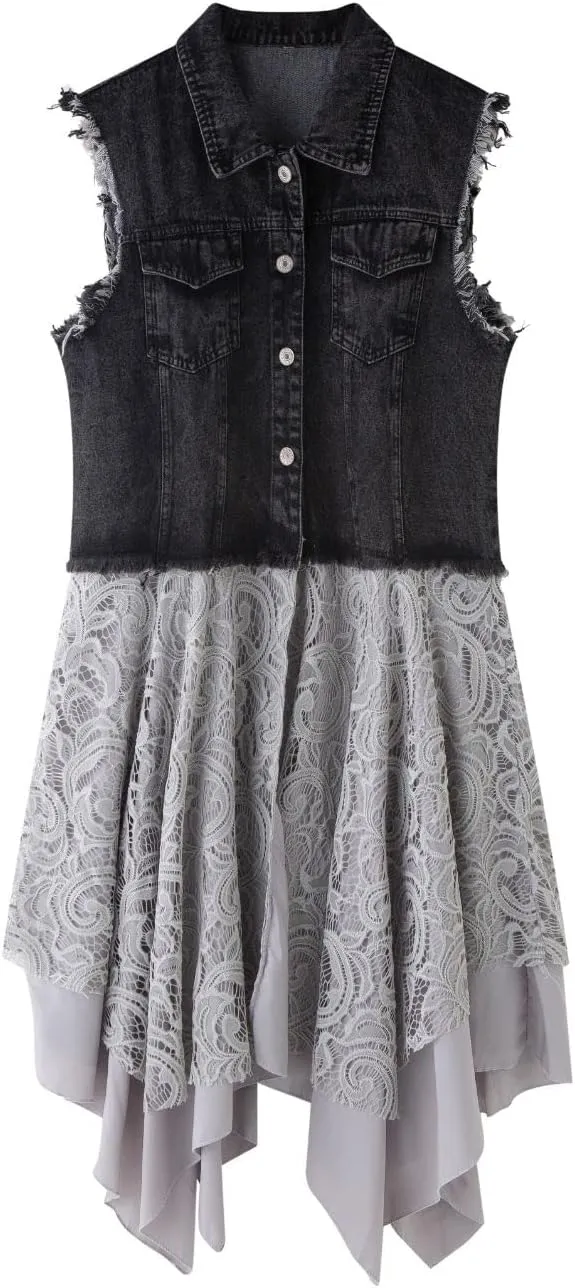FindThy Women’s Denim Vest Sleeveless Ripped Draped Patchwork Cardigan Jean Vest with Irregular Lace Extender Hem