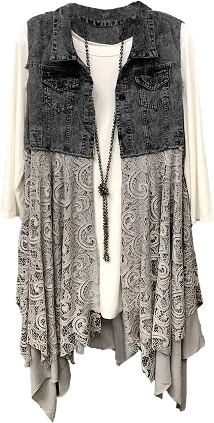 FindThy Women’s Denim Vest Sleeveless Ripped Draped Patchwork Cardigan Jean Vest with Irregular Lace Extender Hem