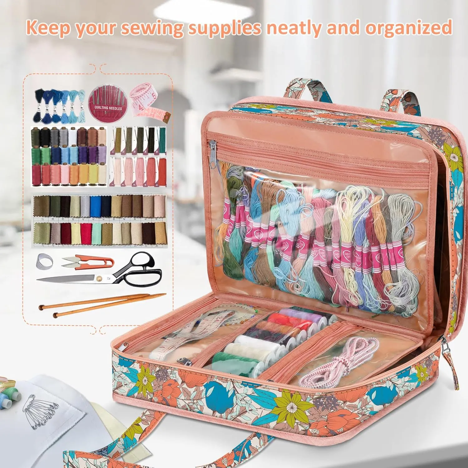 FINPAC Sewing and Craft Supplies Storage Tote, Large Capacity Travel Packing Organizer Bag with Clear Pockets and Handle for Knitting, Crochet, Art, Sewing Accessories