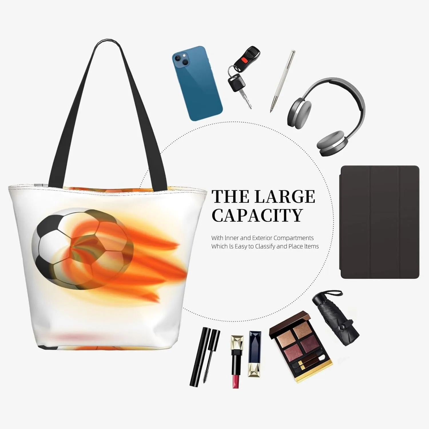 Flaming Soccer Ball Tote Bag for Women, Travel Tote Handbags for Gym
