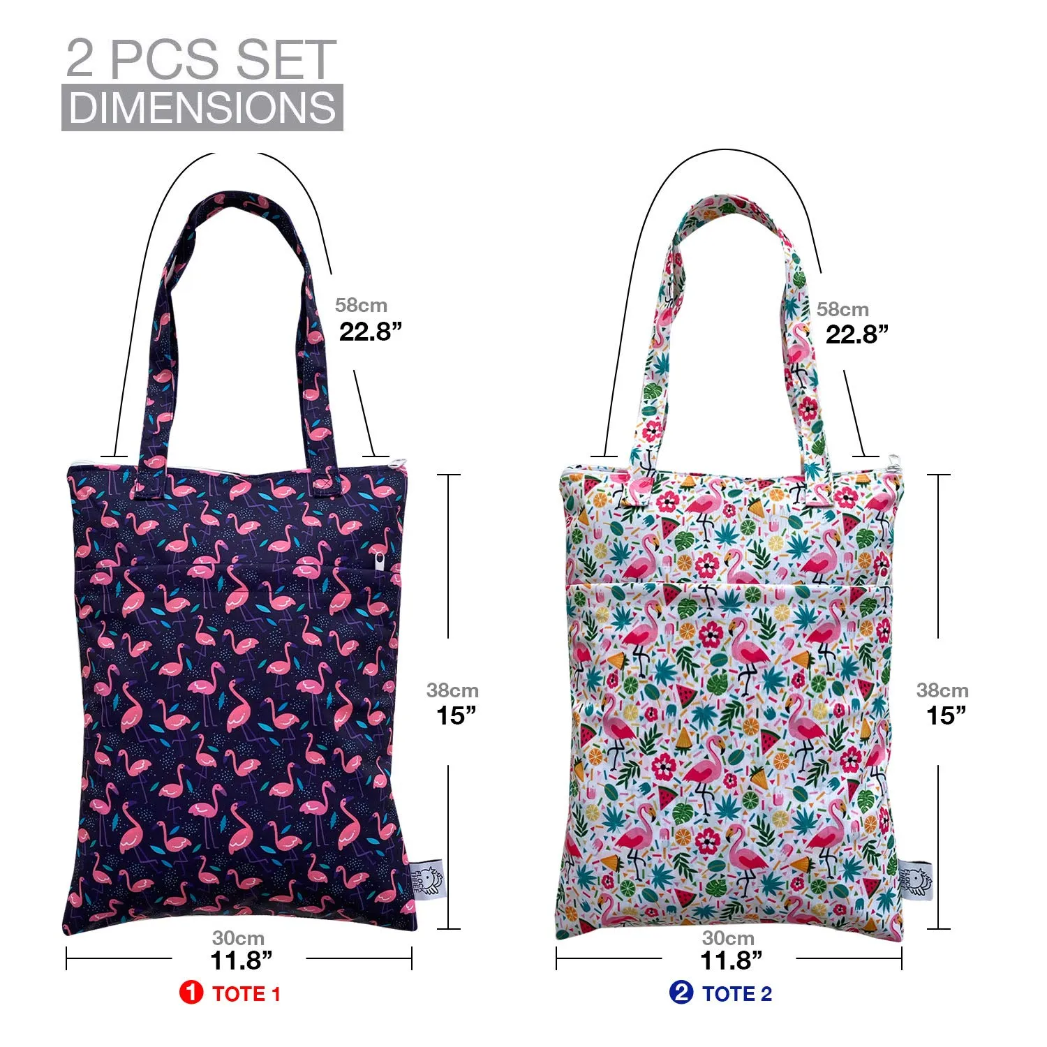 FLOCK THREE 2pcs Wet Dry Bag Waterproof Tote Reusable Wet Clothes Baby Diapers Stroller Swimsuit Travel Small Larger Electronics Toiletries Pouch Flamingo