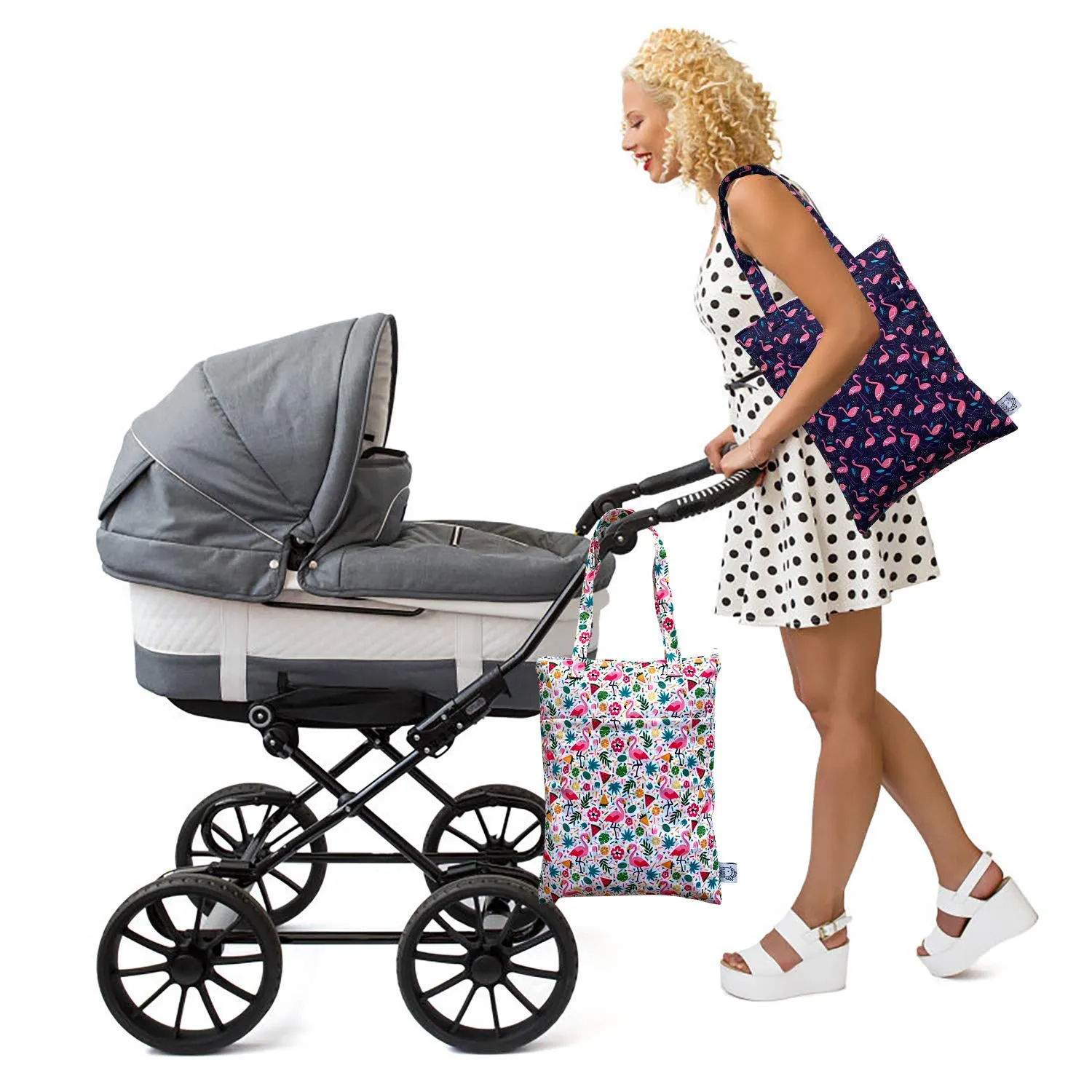 FLOCK THREE 2pcs Wet Dry Bag Waterproof Tote Reusable Wet Clothes Baby Diapers Stroller Swimsuit Travel Small Larger Electronics Toiletries Pouch Flamingo