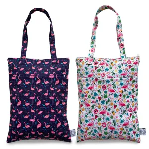 FLOCK THREE 2pcs Wet Dry Bag Waterproof Tote Reusable Wet Clothes Baby Diapers Stroller Swimsuit Travel Small Larger Electronics Toiletries Pouch Flamingo