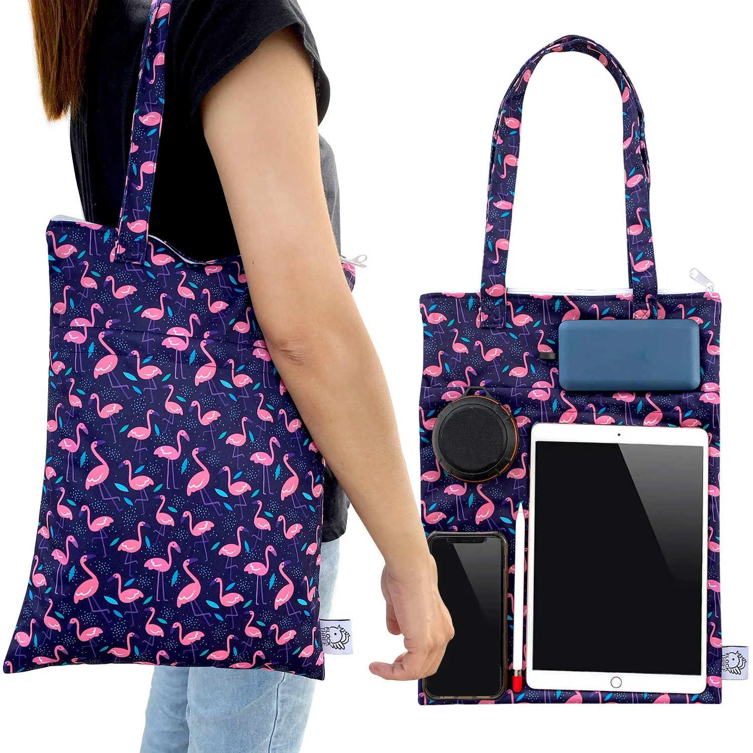 FLOCK THREE 2pcs Wet Dry Bag Waterproof Tote Reusable Wet Clothes Baby Diapers Stroller Swimsuit Travel Small Larger Electronics Toiletries Pouch Flamingo