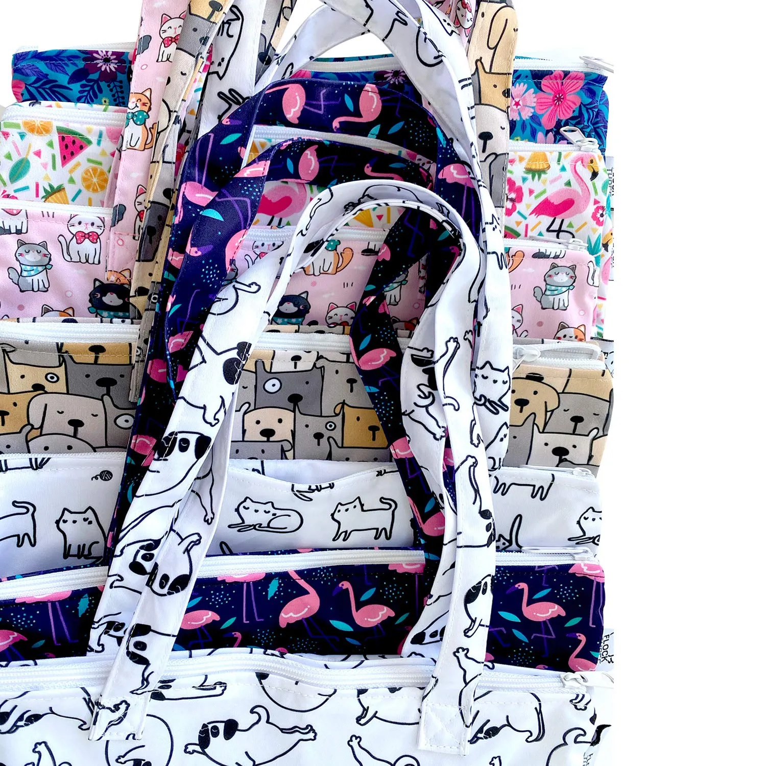 FLOCK THREE 2pcs Wet Dry Bag Waterproof Tote Reusable Wet Clothes Baby Diapers Stroller Swimsuit Travel Small Larger Electronics Toiletries Pouch Flamingo