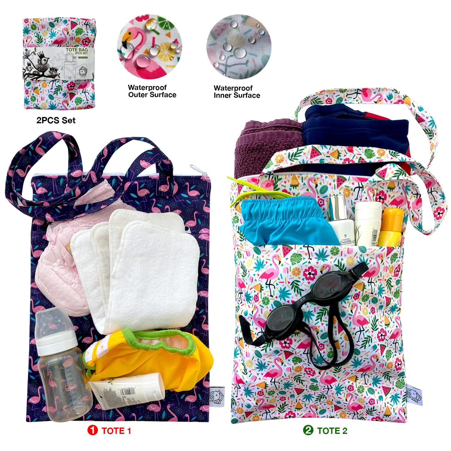 FLOCK THREE 2pcs Wet Dry Bag Waterproof Tote Reusable Wet Clothes Baby Diapers Stroller Swimsuit Travel Small Larger Electronics Toiletries Pouch Flamingo