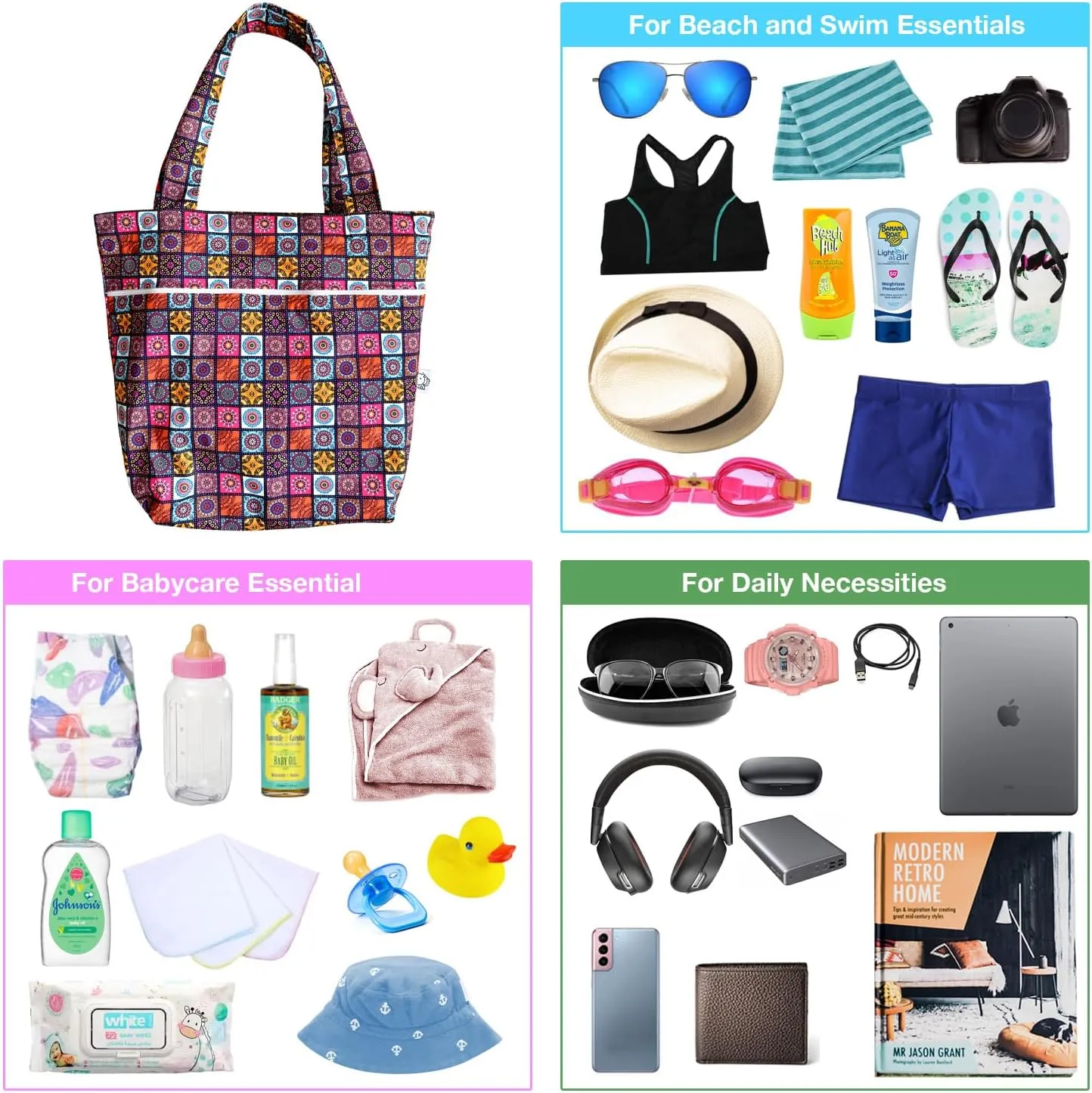 FLOCK THREE Leak Proof Large Tote Pool Bag Shoulder Handbag Water Proof with Zipper for Baby Care Sports Gym Grocery Travel