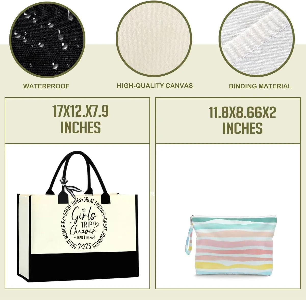 Fokongna Girls Trip 2025 For Women Friend Sister Travel Gifts Canvas Tote Bag Wet Bag for swimsuit Beach Bags Gifts