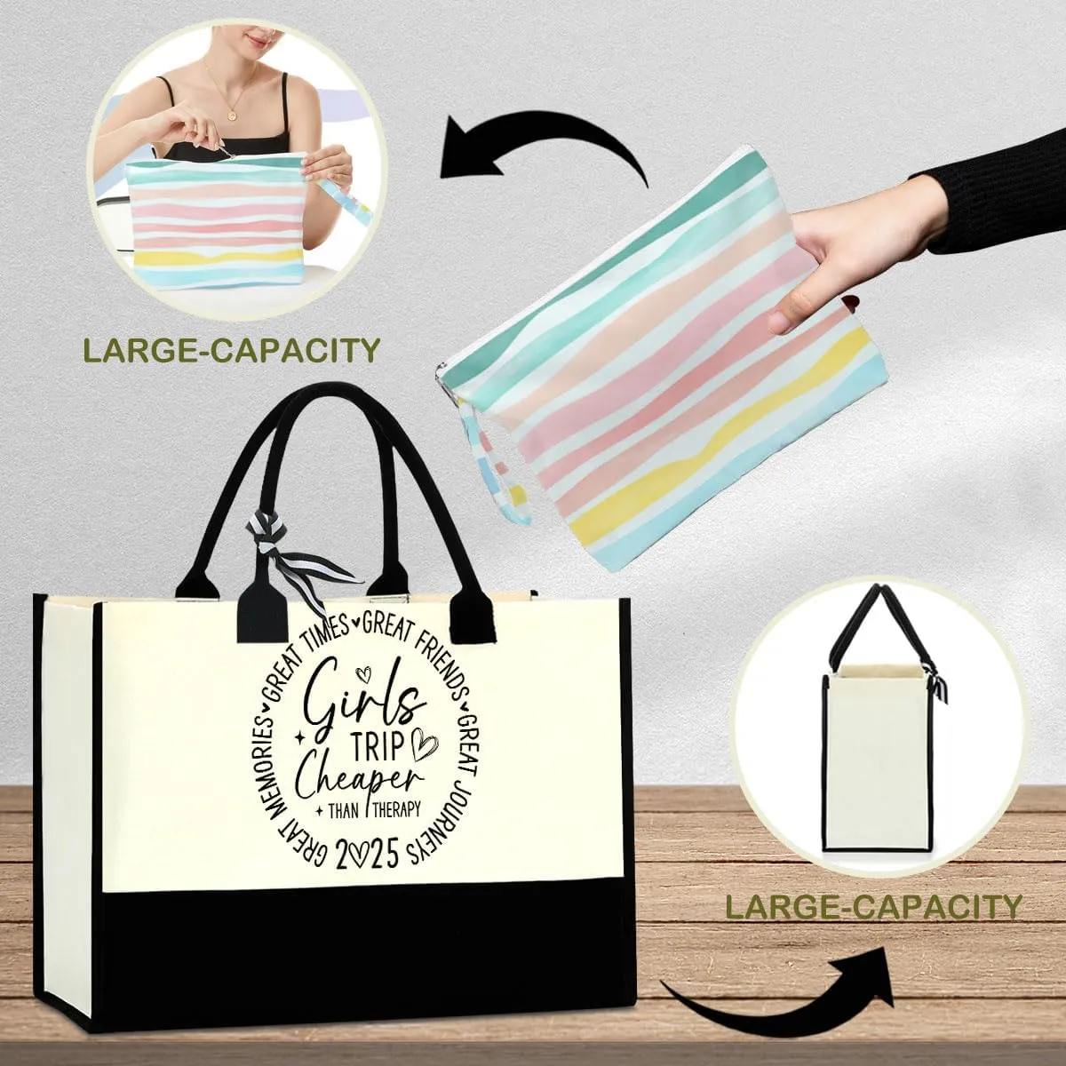 Fokongna Girls Trip 2025 For Women Friend Sister Travel Gifts Canvas Tote Bag Wet Bag for swimsuit Beach Bags Gifts