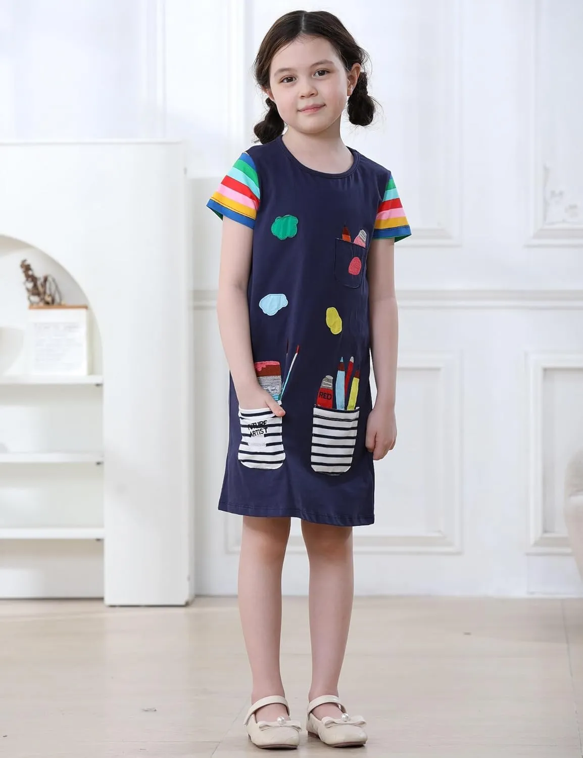 FreeLu Toddler Girls Striped Summer Dress Cartoon Appliques Dresses Girls Cotton Casual Clothing 2-7Y