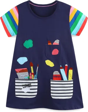 FreeLu Toddler Girls Striped Summer Dress Cartoon Appliques Dresses Girls Cotton Casual Clothing 2-7Y