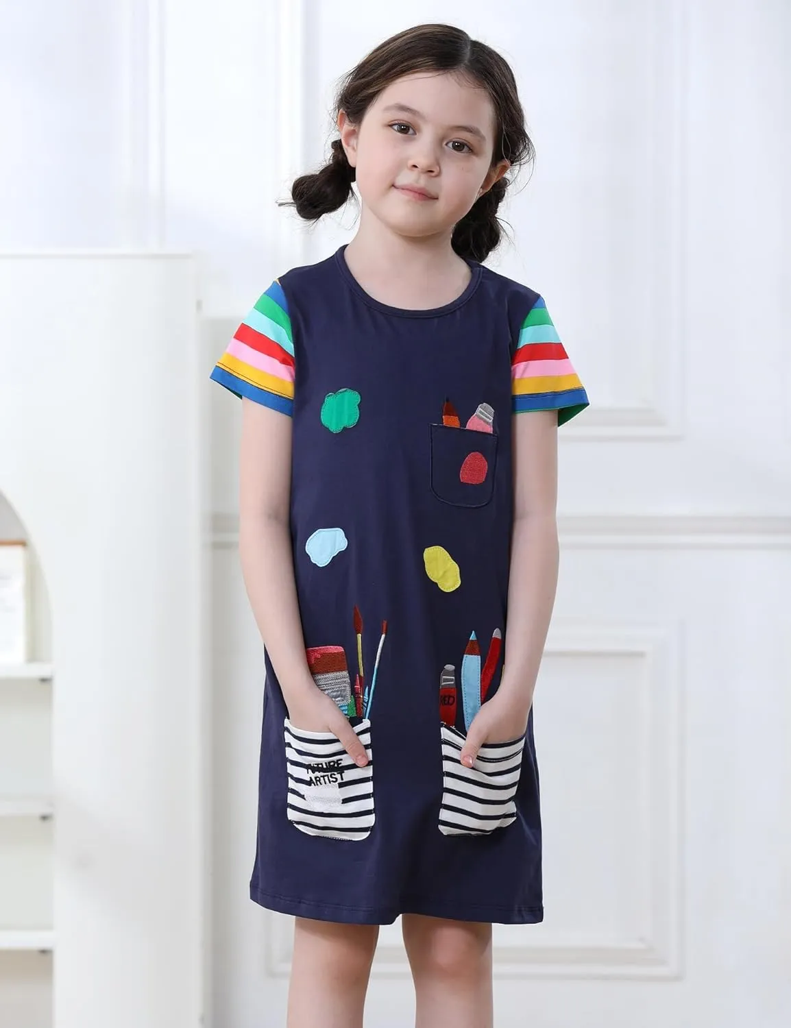 FreeLu Toddler Girls Striped Summer Dress Cartoon Appliques Dresses Girls Cotton Casual Clothing 2-7Y