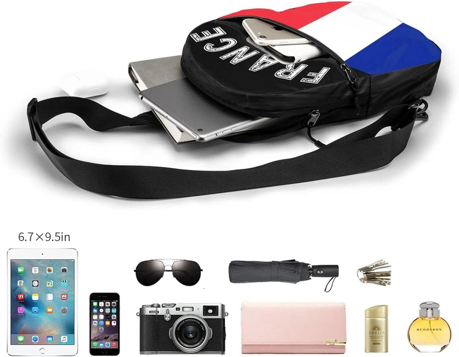 French Flag Packable Crossbody Bag Portable Sling Bags Foldable Travel Daypack Reusable Sports Shoulder Backpack Diagonally Chest Bag for Workout