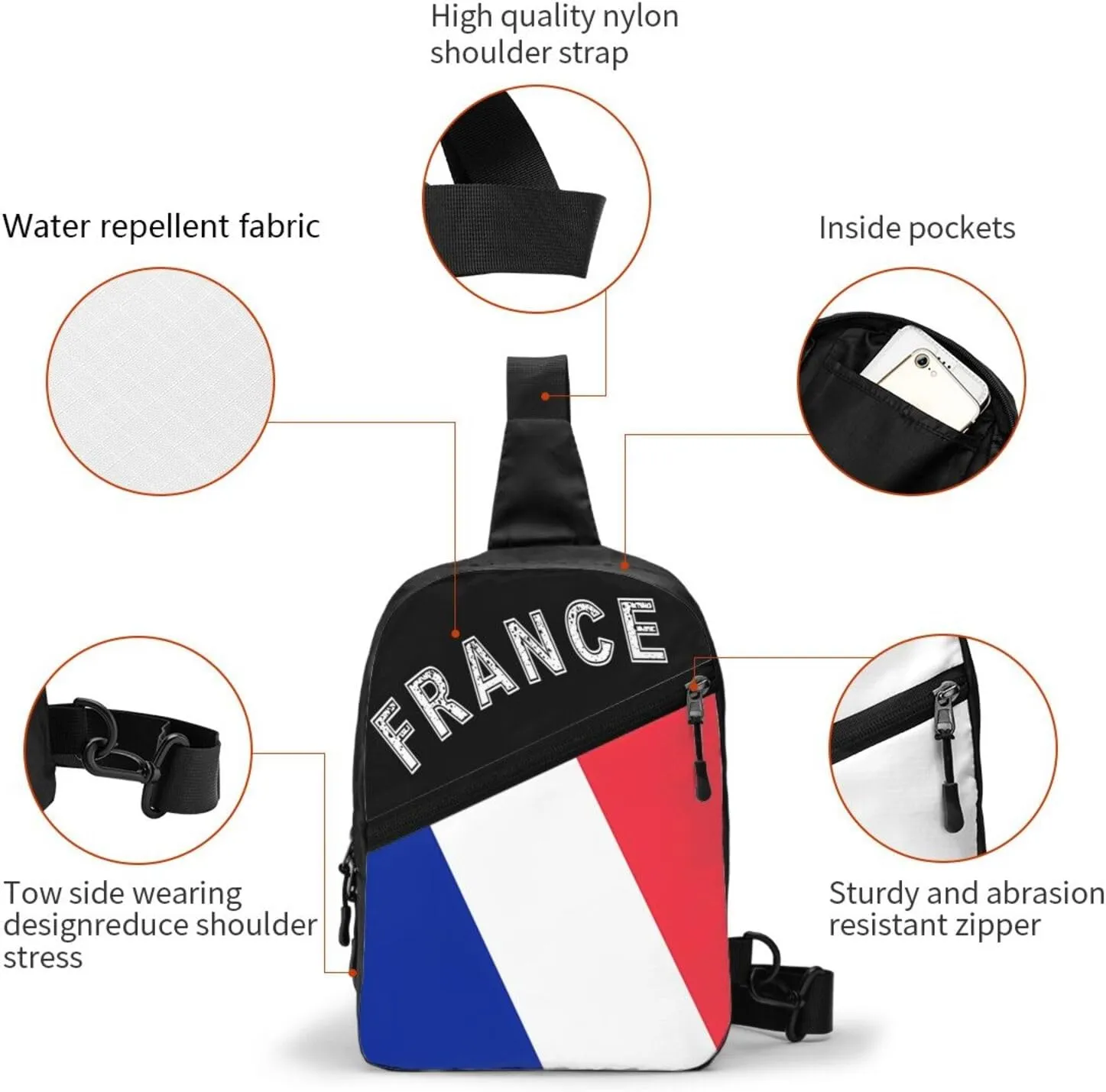 French Flag Packable Crossbody Bag Portable Sling Bags Foldable Travel Daypack Reusable Sports Shoulder Backpack Diagonally Chest Bag for Workout