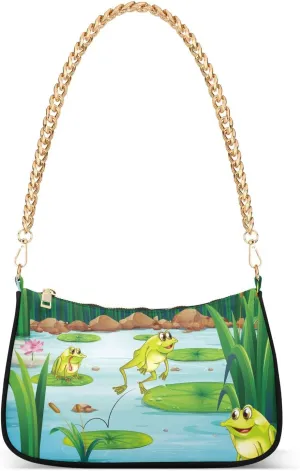 Frogs in The Pond Shoulder Handbags for Women Travel Hobo Tote Handbag Women Gold Chain Shoulder Bags Purse with Zipper Closure