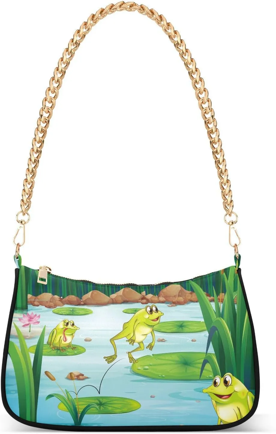 Frogs in The Pond Shoulder Handbags for Women Travel Hobo Tote Handbag Women Gold Chain Shoulder Bags Purse with Zipper Closure