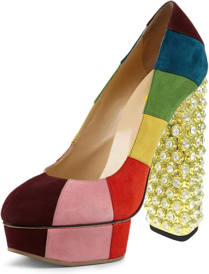 FSJ Women Cute Platform Pumps Suede Patchwork Crystal Chunky Block High Heel Closed Toe Party Prom Dress Shoes Size 4-15 US