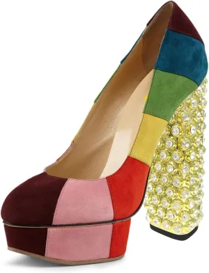 FSJ Women Cute Platform Pumps Suede Patchwork Crystal Chunky Block High Heel Closed Toe Party Prom Dress Shoes Size 4-15 US