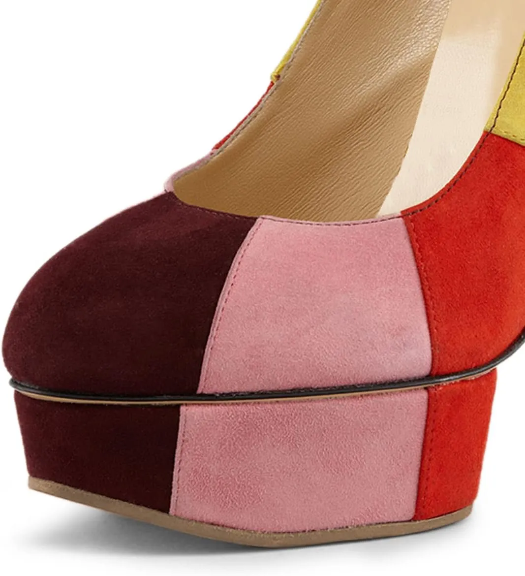 FSJ Women Cute Platform Pumps Suede Patchwork Crystal Chunky Block High Heel Closed Toe Party Prom Dress Shoes Size 4-15 US
