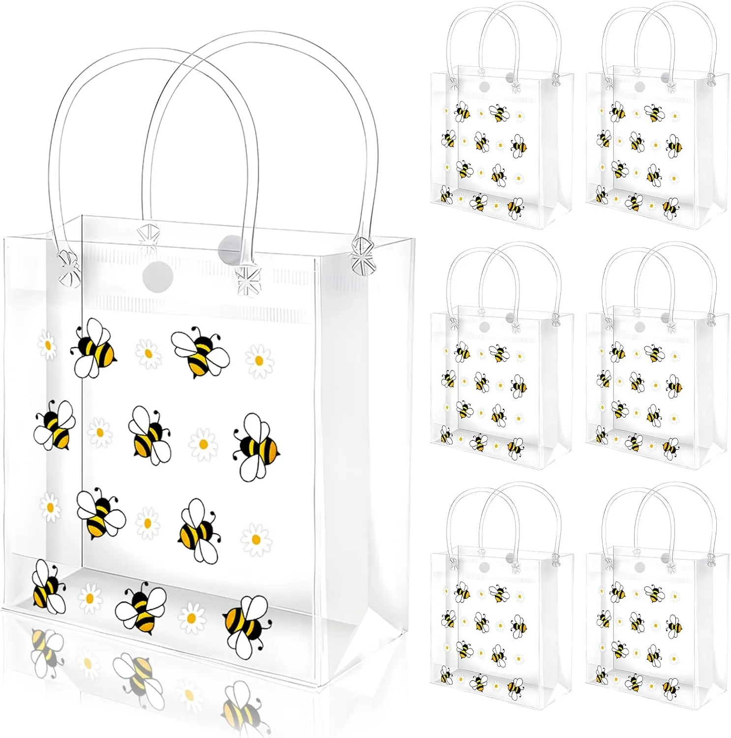 FYSUIMU 12 Pcs Bee Clear PVC Gift Bags Bumble Bee Daisy Flower Party Favor Bags with Handle Treat Tote Bag for Summer Birthday Baby Shower