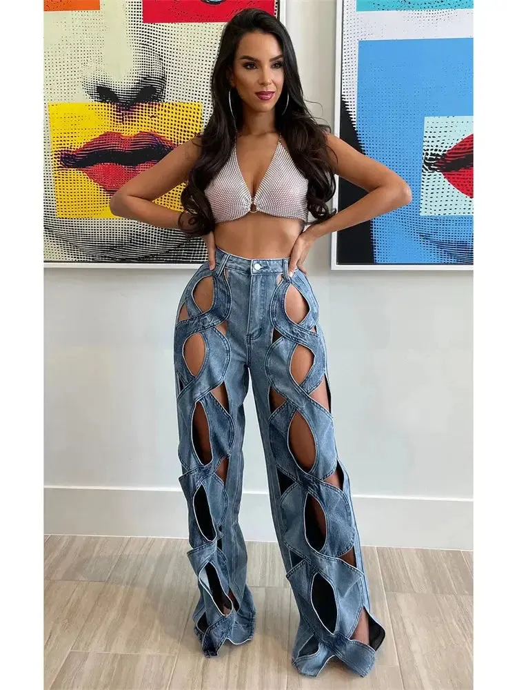 FZ Women's Sexy Hollow Out High Waist Patchwork Wide Leg Denim Pants