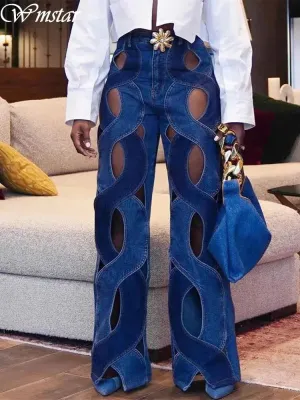FZ Women's Sexy Hollow Out High Waist Patchwork Wide Leg Denim Pants