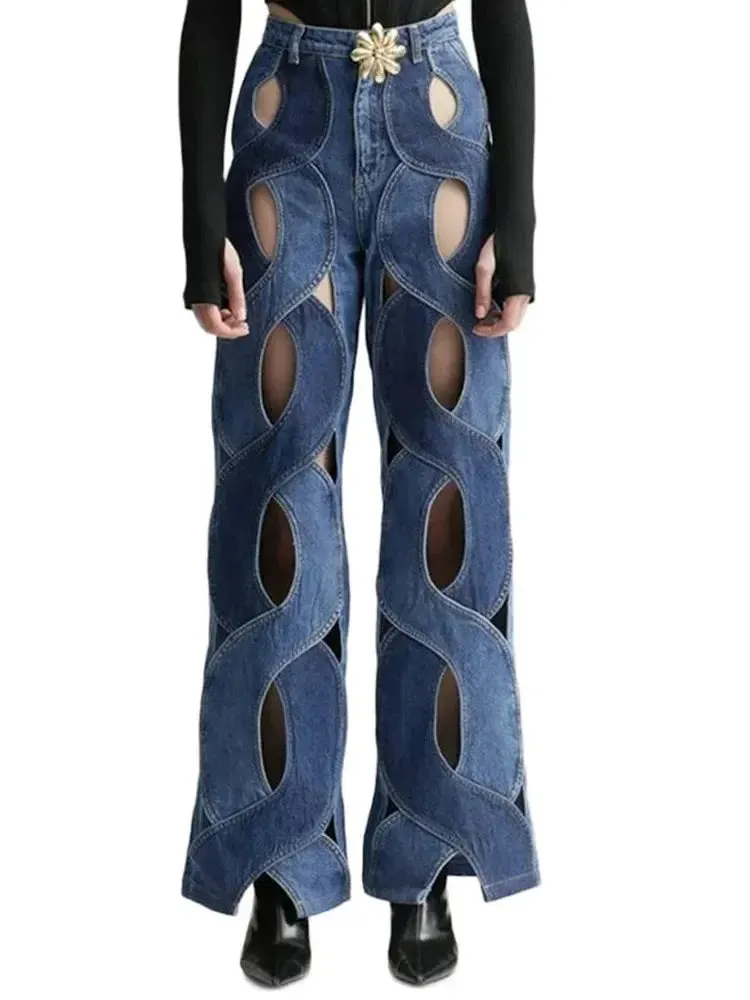 FZ Women's Sexy Hollow Out High Waist Patchwork Wide Leg Denim Pants