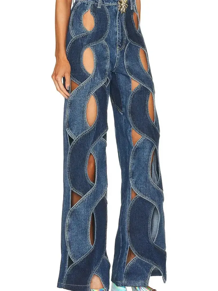 FZ Women's Sexy Hollow Out High Waist Patchwork Wide Leg Denim Pants