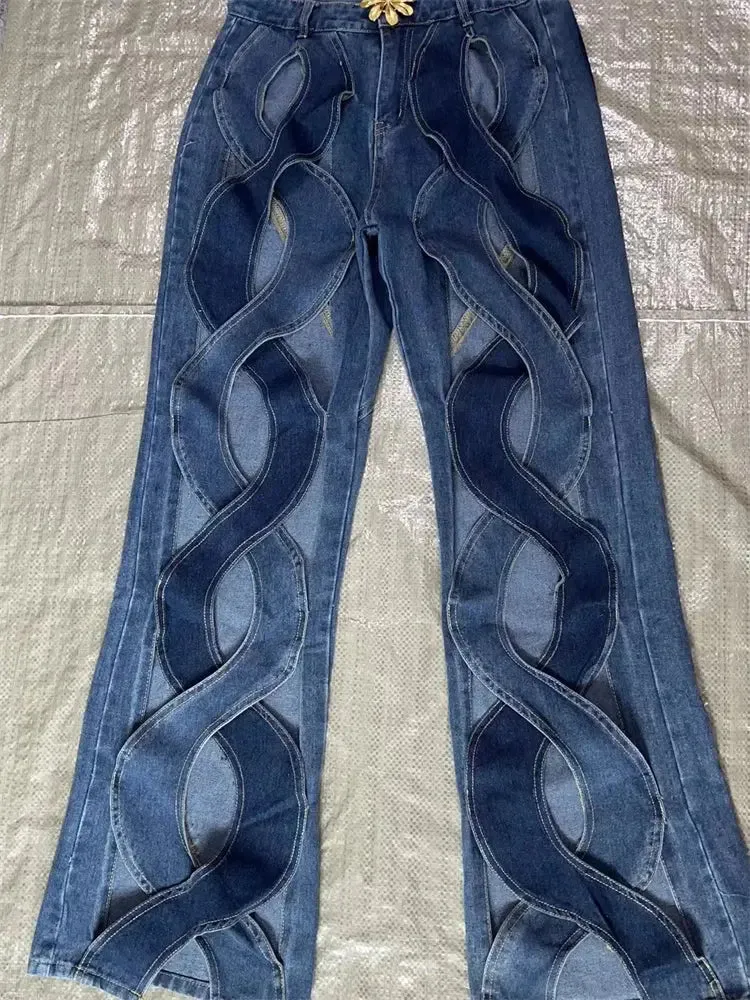 FZ Women's Sexy Hollow Out High Waist Patchwork Wide Leg Denim Pants