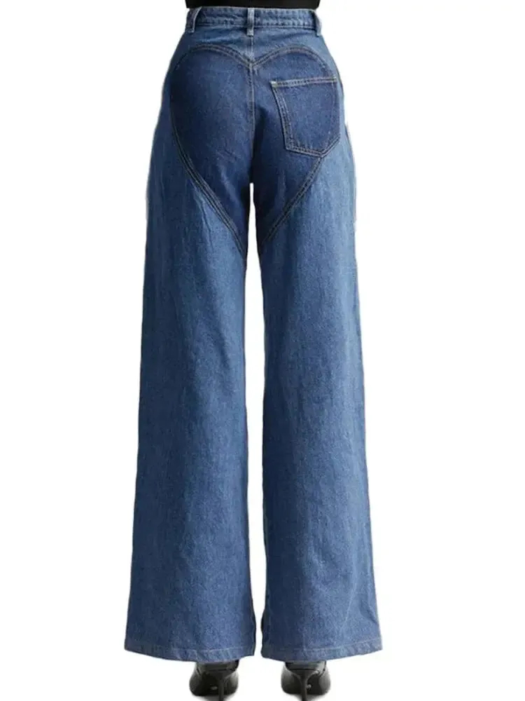 FZ Women's Sexy Hollow Out High Waist Patchwork Wide Leg Denim Pants