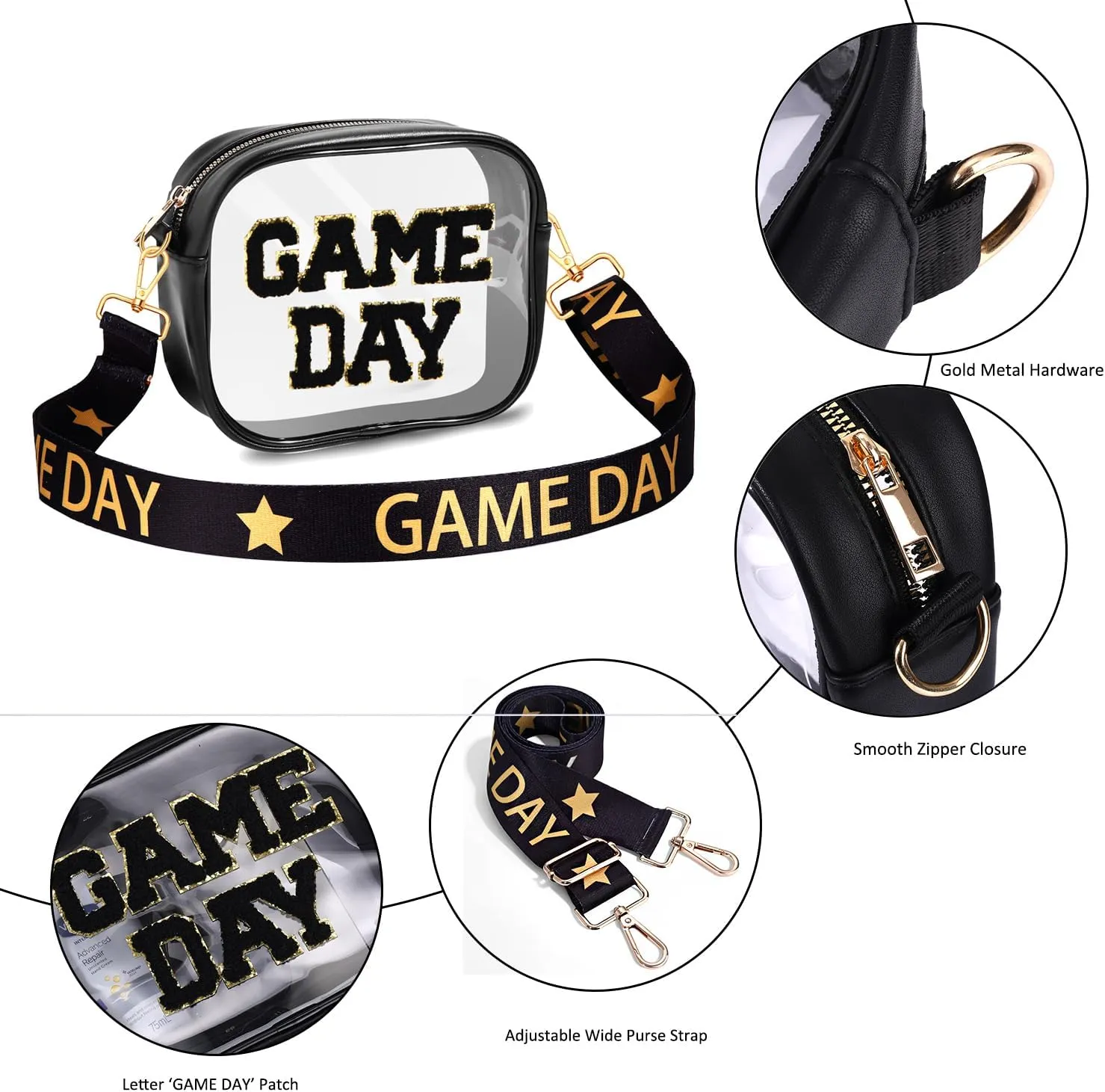 Game Day Clear Bag for Stadium Events with Letter Patches Stadium Approved Clear Crossbody Purse for Concerts Sports Events