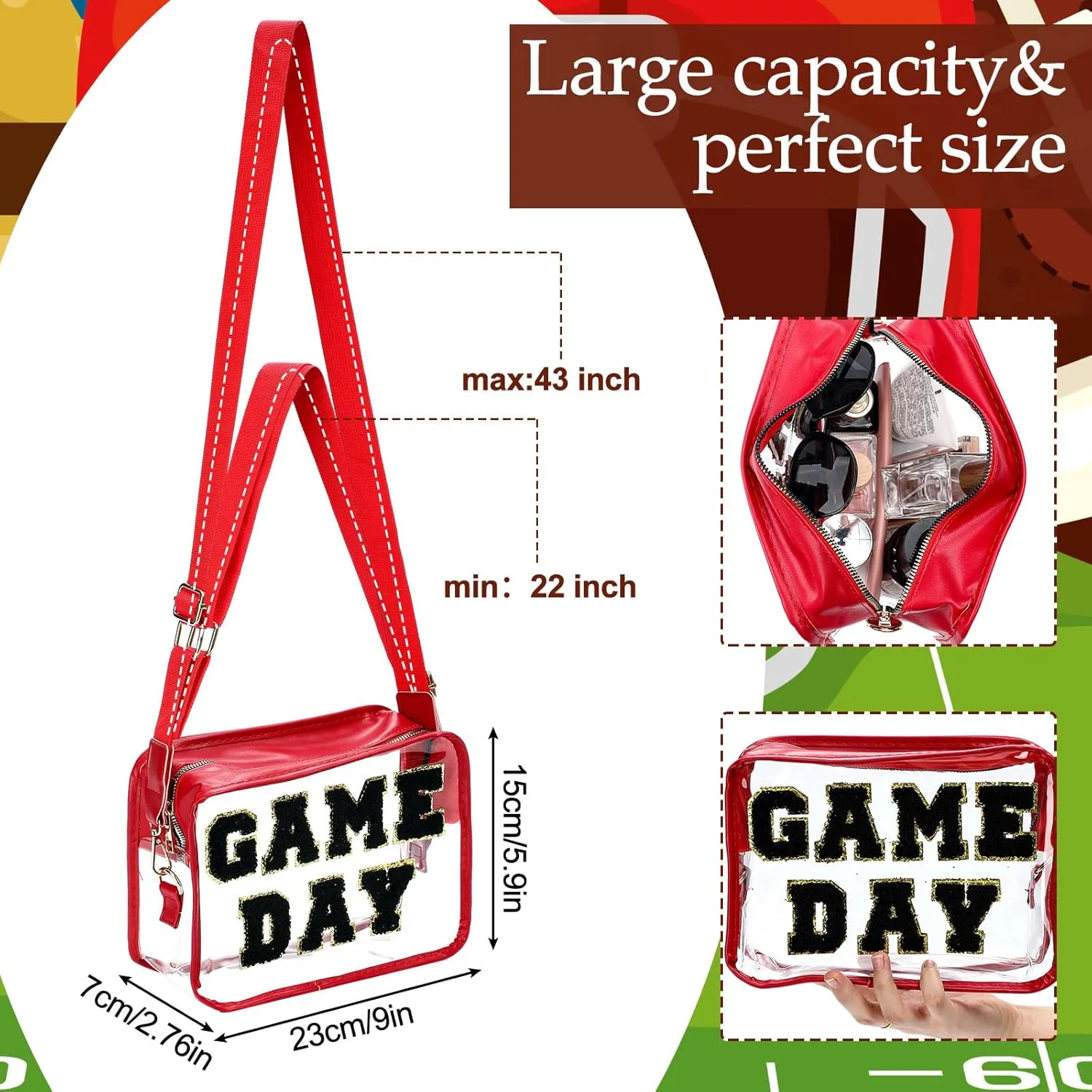 Game Day Clear Football Crossbody Bag Chenille Letter Purse Tote Gift Bag for Women Concert Sports Events