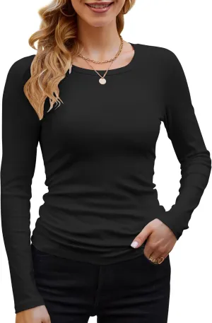 GEMBERA Womens Ribbed Long Sleeve Crewneck Casual Slim Basic Shirts Fitted Knit Tops