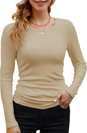 GEMBERA Womens Ribbed Long Sleeve Crewneck Casual Slim Basic Shirts Fitted Knit Tops
