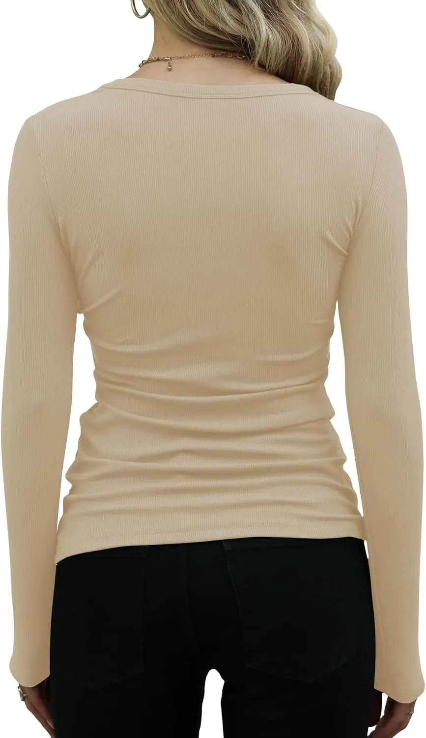 GEMBERA Womens Ribbed Long Sleeve Crewneck Casual Slim Basic Shirts Fitted Knit Tops