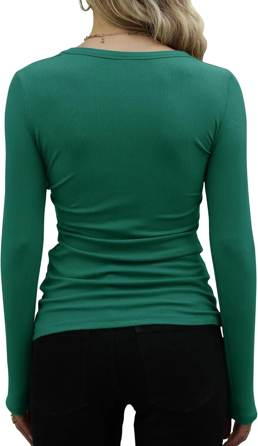 GEMBERA Womens Ribbed Long Sleeve Crewneck Casual Slim Basic Shirts Fitted Knit Tops