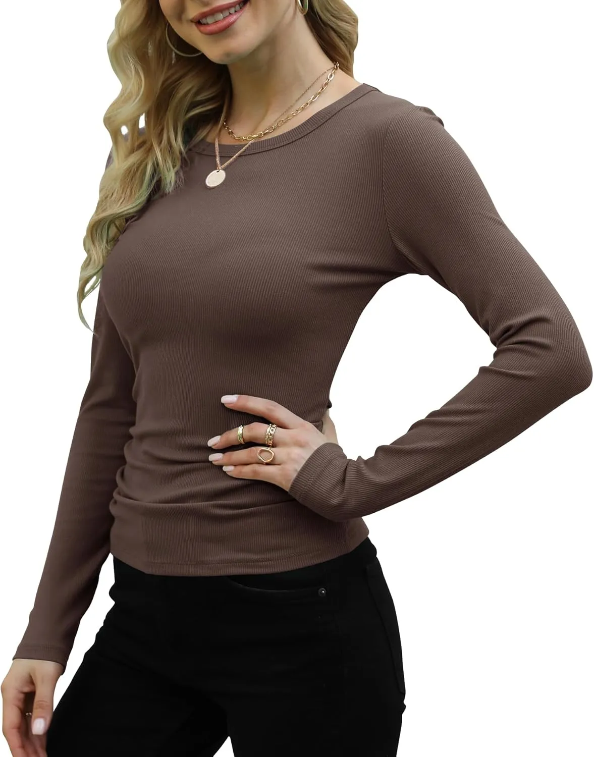GEMBERA Womens Ribbed Long Sleeve Crewneck Casual Slim Basic Shirts Fitted Knit Tops