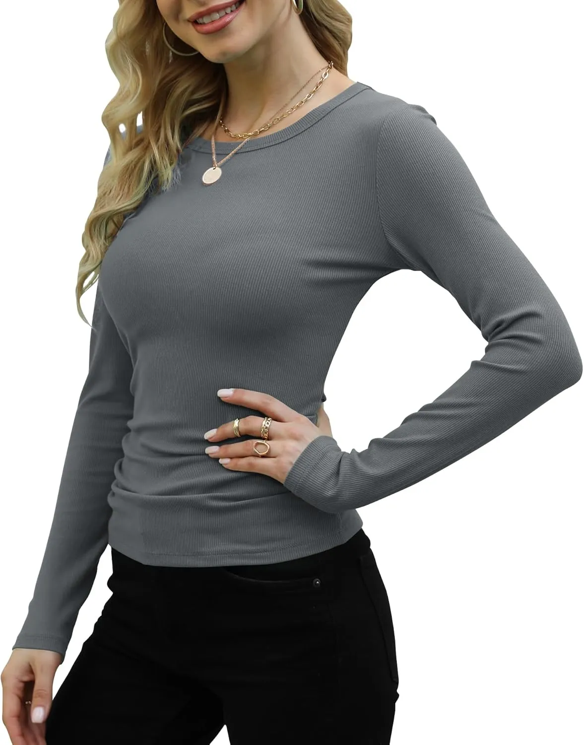 GEMBERA Womens Ribbed Long Sleeve Crewneck Casual Slim Basic Shirts Fitted Knit Tops