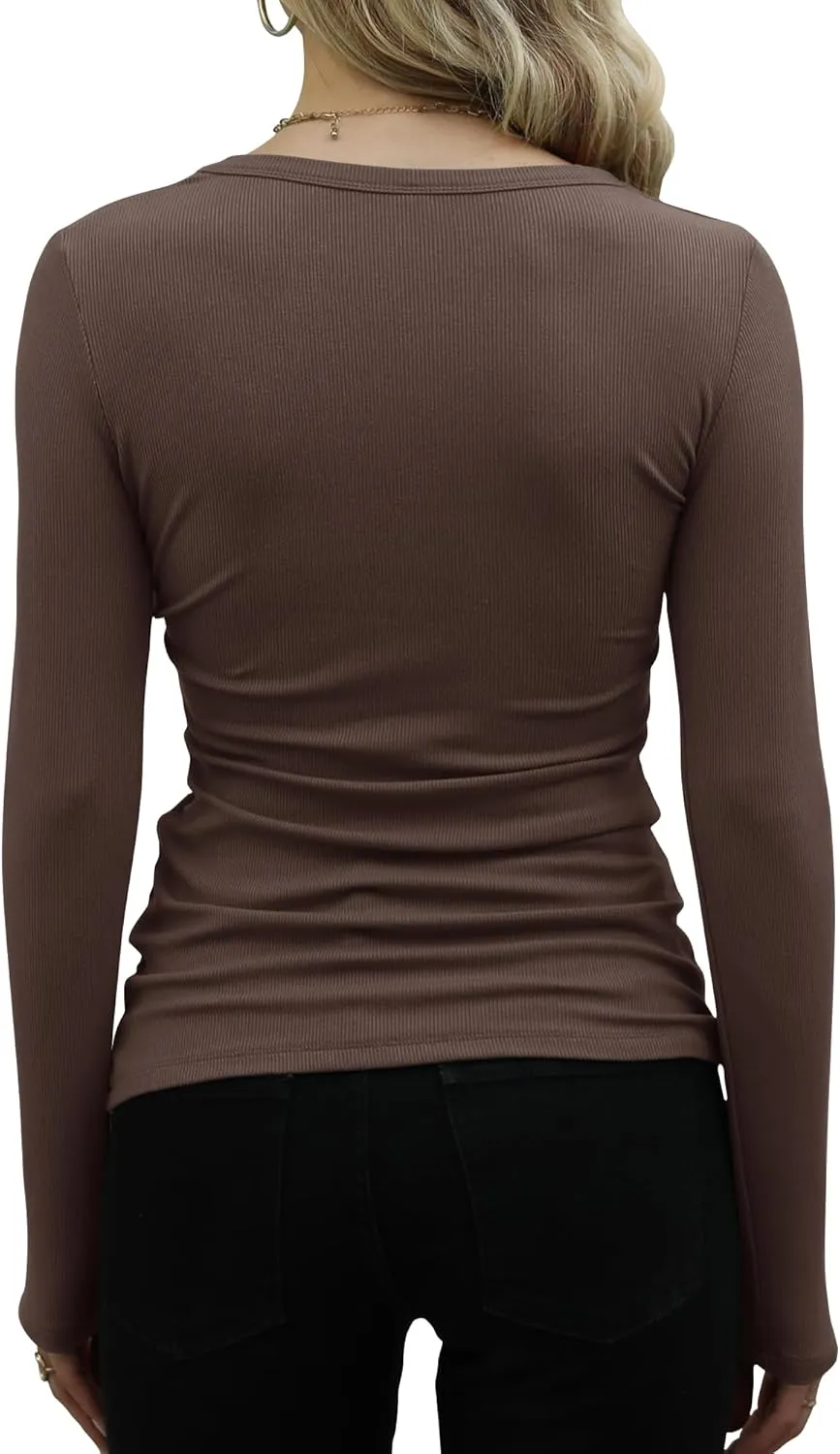 GEMBERA Womens Ribbed Long Sleeve Crewneck Casual Slim Basic Shirts Fitted Knit Tops