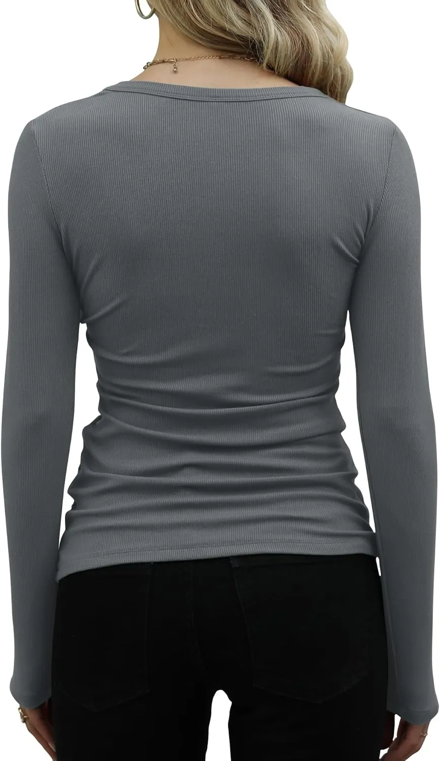 GEMBERA Womens Ribbed Long Sleeve Crewneck Casual Slim Basic Shirts Fitted Knit Tops