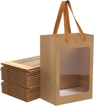Generic 12PACK Kraft Brown Paper Gift Bags with Window, 9.84x7.0x5.12 inches, Handles, for Presents, Parties, Festivals