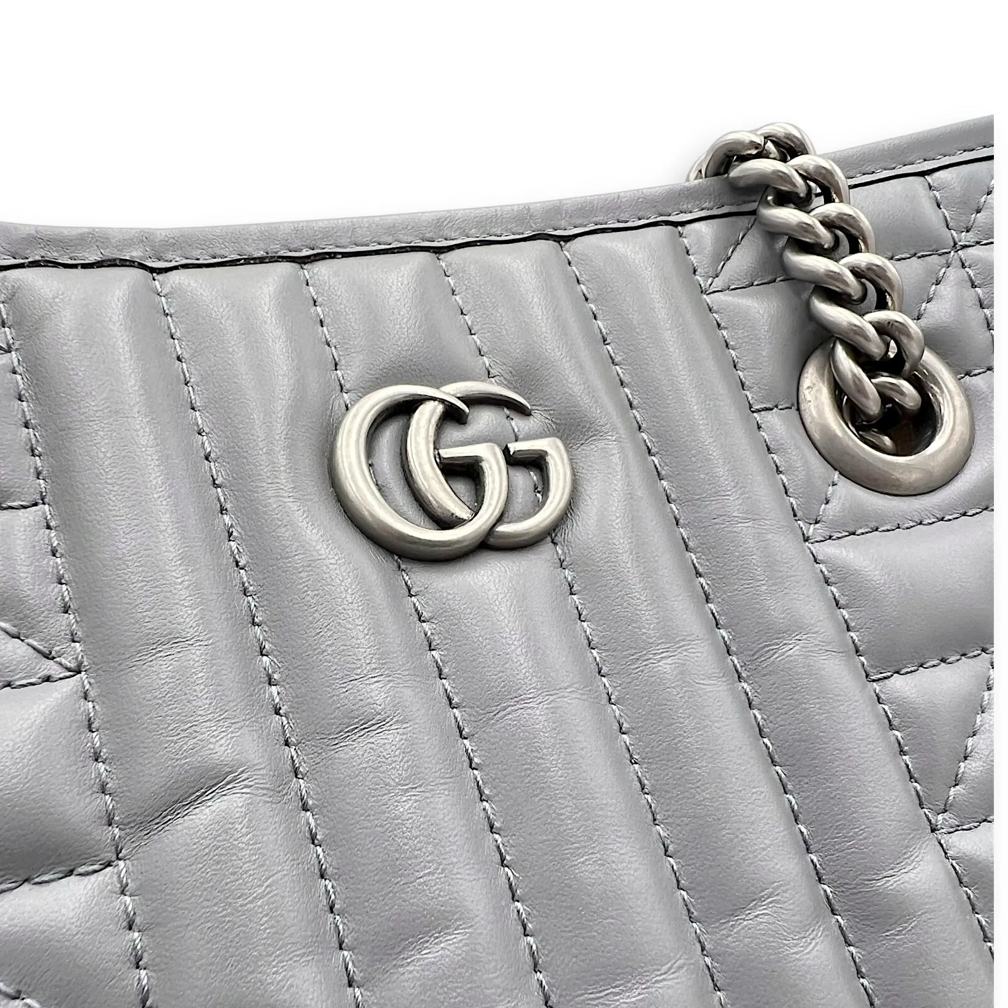 GG Marmont Tote Bag Grey in Calfskin, Ruthenium hardware