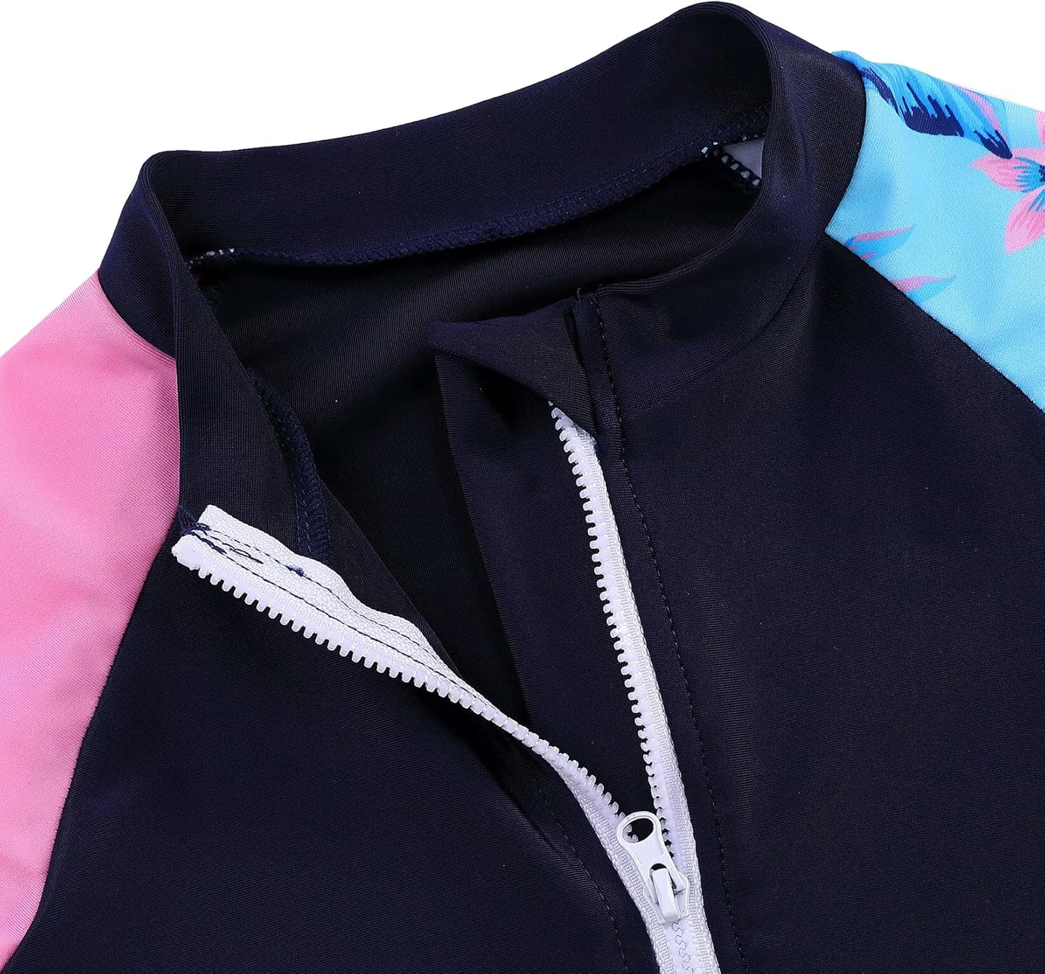 Girls One Piece Rash Guard Swimsuit Long Sleeve Swimsuits with Zipper Patchwork Beach Bathing Suit for Kids 3-12 Years