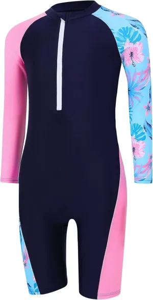 Girls One Piece Rash Guard Swimsuit Long Sleeve Swimsuits with Zipper Patchwork Beach Bathing Suit for Kids 3-12 Years