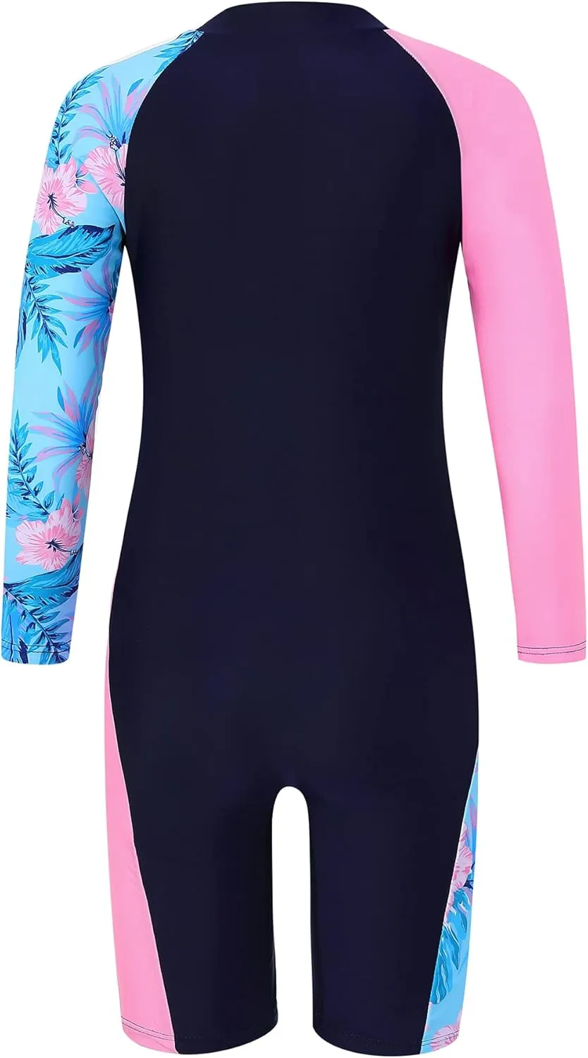 Girls One Piece Rash Guard Swimsuit Long Sleeve Swimsuits with Zipper Patchwork Beach Bathing Suit for Kids 3-12 Years