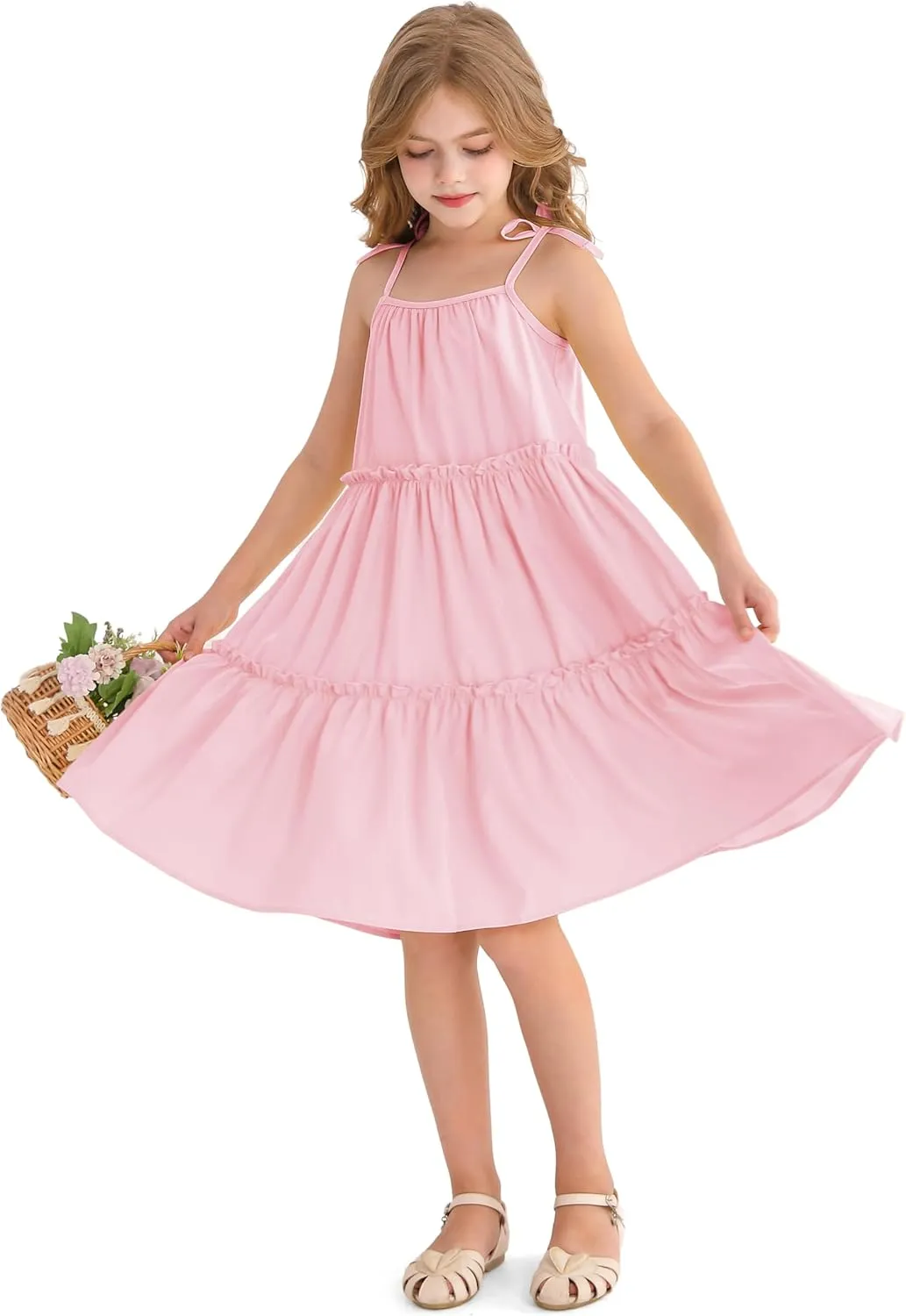 Girl's Summer Cute Tiered Swing Dress Midi Casual Smocked Sundresses 6-14 Years