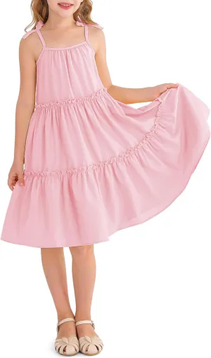 Girl's Summer Cute Tiered Swing Dress Midi Casual Smocked Sundresses 6-14 Years