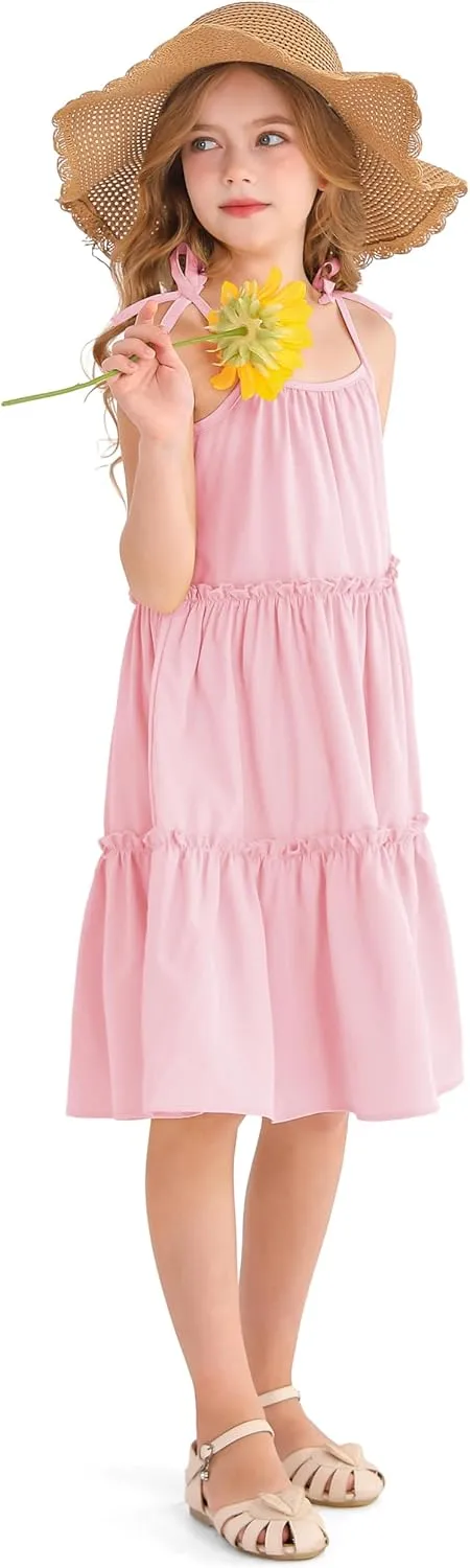 Girl's Summer Cute Tiered Swing Dress Midi Casual Smocked Sundresses 6-14 Years