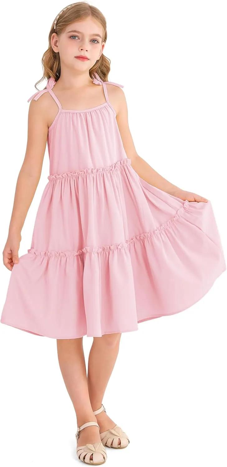 Girl's Summer Cute Tiered Swing Dress Midi Casual Smocked Sundresses 6-14 Years